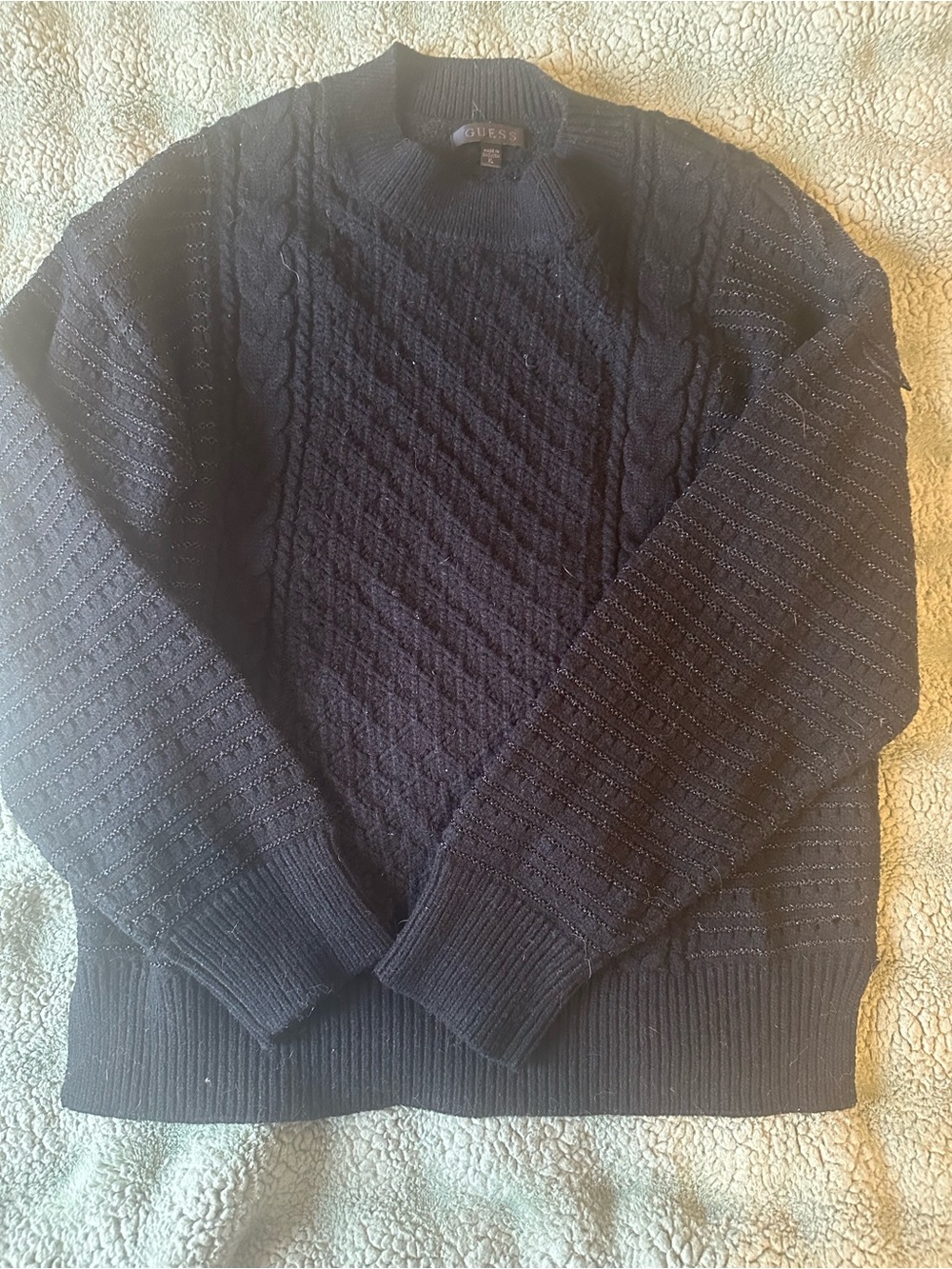 GUESS women Black Cable Knit Crewneck Sweater with gold shimmer